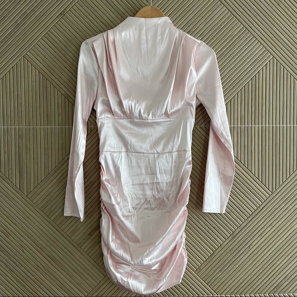 Shein Pink Stretch Satin Mock Neck Ruched Dress, S